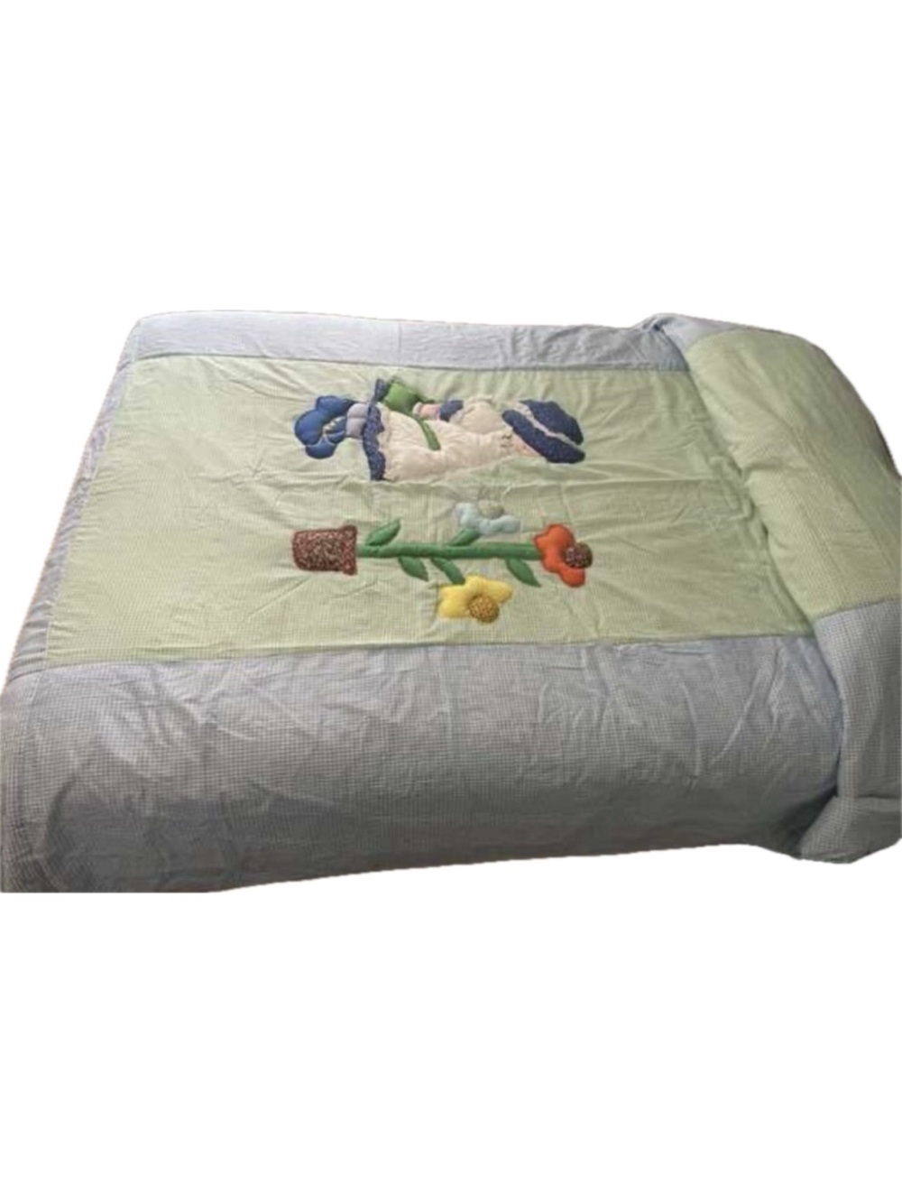 Handmade Quilted Appliqué Floral & Sunbonnet Girl Gingham Full Bedspread